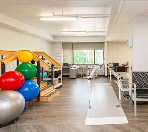 A physical rehabilitation and exercise room containing walker rails and exercise balls.