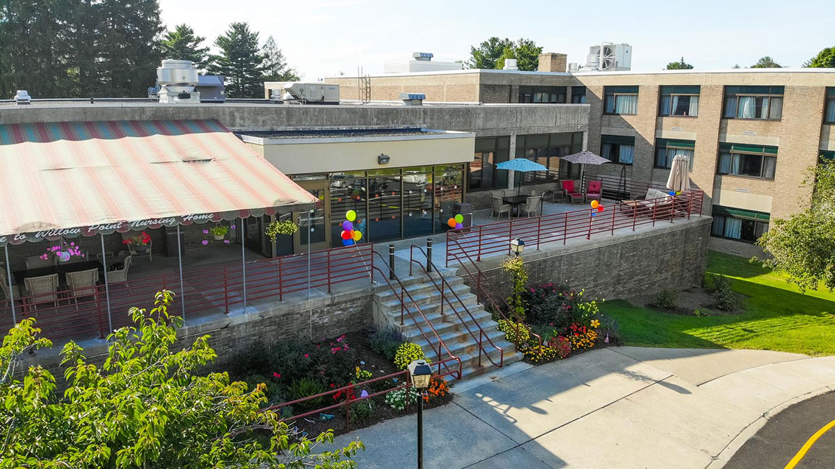 Sunny outdoor patio at Willow Point Rehab
